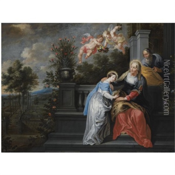 Saint Anne Teaching The Virgin Mary To Read, In A Garden Setting, With Two Angels Descending, Bearing A Floral Crown Oil Painting - Willem van Herp the Elder