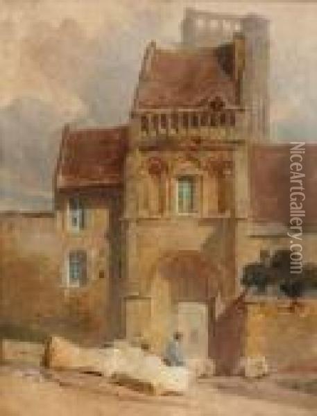 Personnage Assis Devant Une Maison Aux Arcatures Romanes Oil Painting - Auguste-Xavier Leprince
