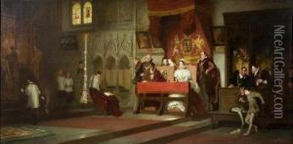 Queen Mary And Princess Elizabeth At Mass Oil Painting - Marcus Stone