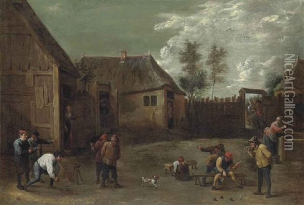A Village Scene With Figures Bowling, Smoking, And Conversing Oil Painting - David Teniers Iv