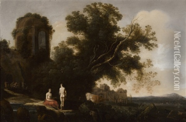 A Landscape With Two Figures In The Foreground, A Bacchic Procession In The Distance And With The Ruins Of A Temple On A Cliff Above Oil Painting - Moyses van Uytenbroeck