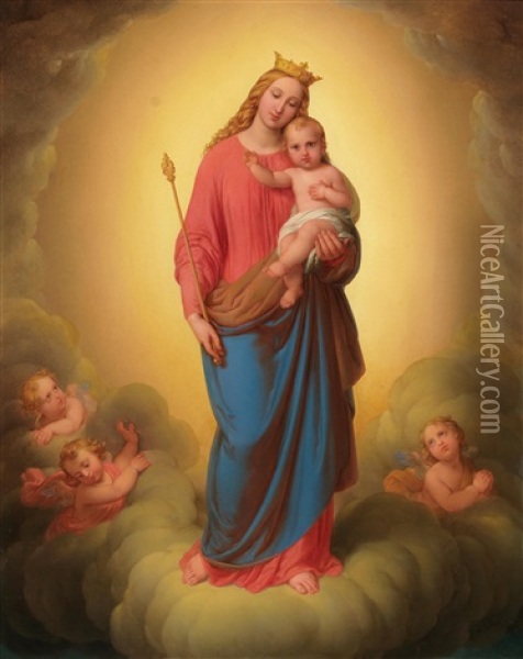 Madonna With Child In The Clouds Surrounded By Angels Oil Painting - Johann Nepomuk Ender