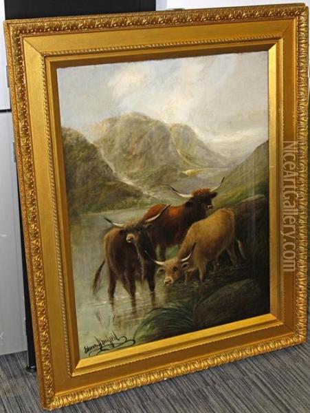 Cattle Watering In A Mountain Landscape Oil Painting - Edwin Armfield