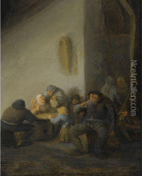 An Interior Of An Inn With Peasants Smoking And Drinking Oil Painting - Adriaen Jansz. Van Ostade