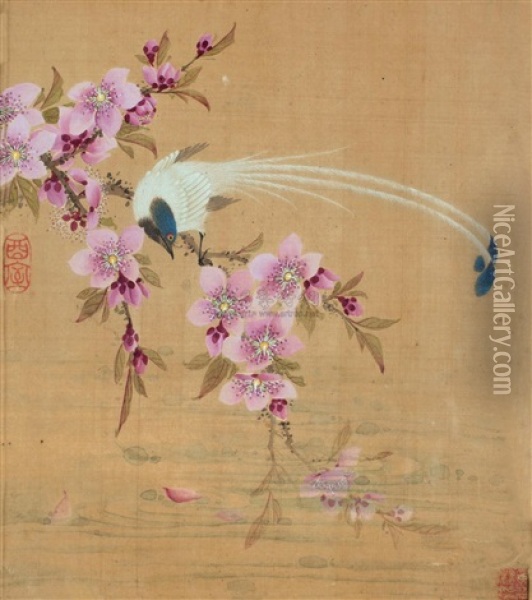 Bird And Peach Blossoms Oil Painting -  Wang Guxiang