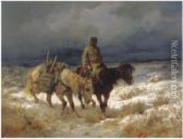 Horseman On The Russian Steppe Oil Painting - Adolf Schreyer