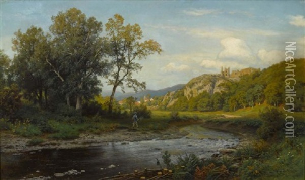 Flusslandschaft Mit Angler Und Burgruine Oil Painting - Carl Von Der Hellen