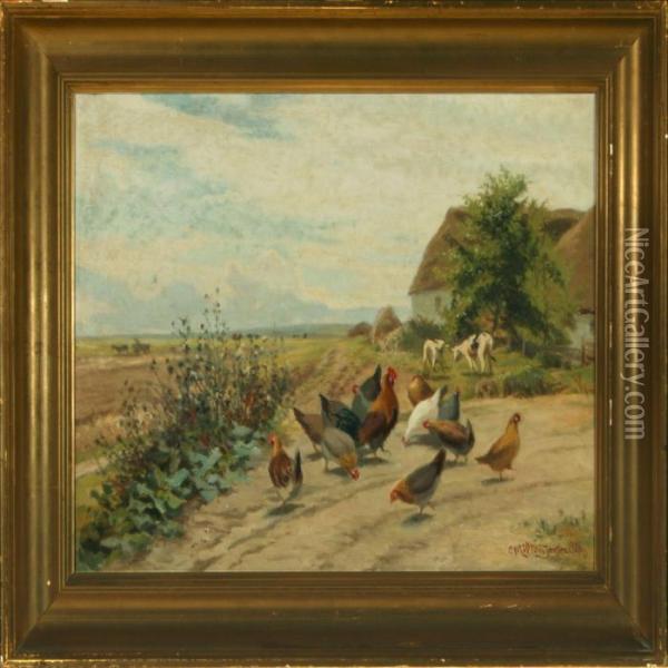 Hens By A Farm Oil Painting - Carl Milton Jensen