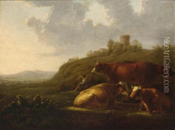 A Hilly Landscape With A Shepherdess Resting With Her Cattle, A View Of A Town Beyond Oil Painting - Aelbert Cuyp