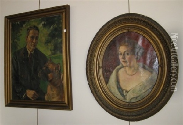 Hans Schrier And Dog (+ Mrs. Schrier; 2 Works) Oil Painting - Egge (eugen) Sturm-Skrla