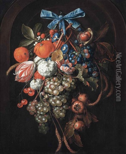 Hydrangeas, Morning Glories, A Parrot Tulip And Other Flowers With Grapes, Oranges, Cherries, Blackberries, Ears Of Corn, Loquats, And Chestnuts, With Two Snails, Hanging From A Blue Bow In A Feigned Arched Stone Niche Oil Painting - David Cornelisz Heem III