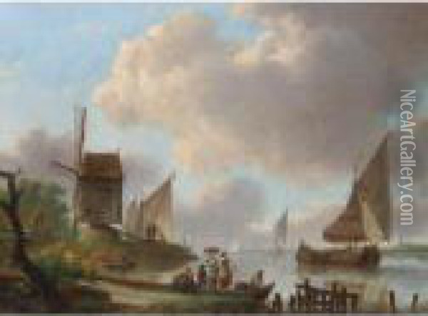 A River Landscape With A Windmill And Barges Oil Painting - Frans Swagers