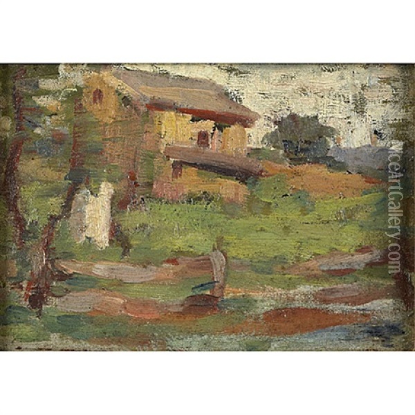 Untitled (yellow House With Poplar Trees)(+ 2 Others; 3 Works) Oil Painting - Thomas Anshutz
