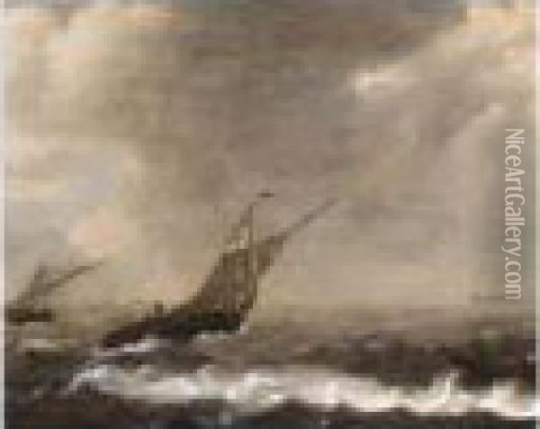 Sailing Vessels In Stormy Seas Oil Painting - Simon De Vlieger