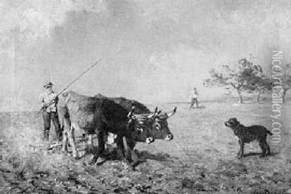 Plowing: Genre Scene With Figures, Oxen Team And Dog Oil Painting - Aymar (Aimard Alexandre) Pezant