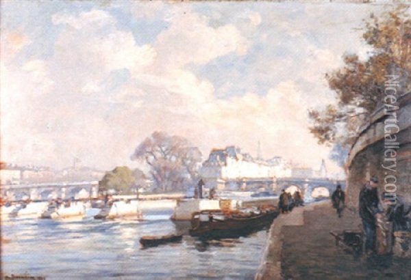 La Seine A Paris Oil Painting - Henri Alphonse Barnoin