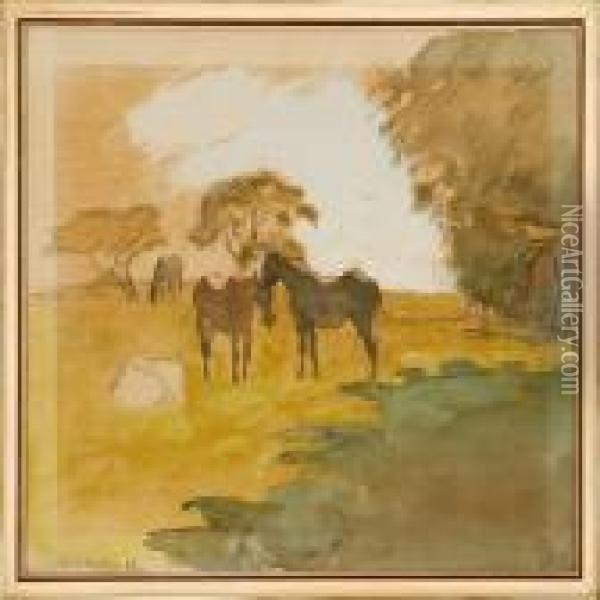 Horses In Dyrehaven Park Oil Painting - Viggo Johansen
