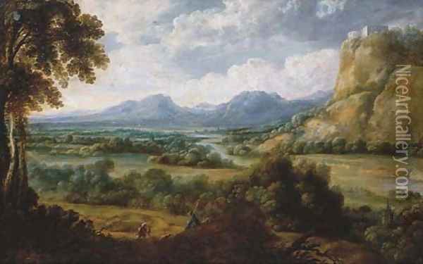 An extensive river landscape with a herdsman resting on a path, mountains beyond Oil Painting - Lucas Van Uden