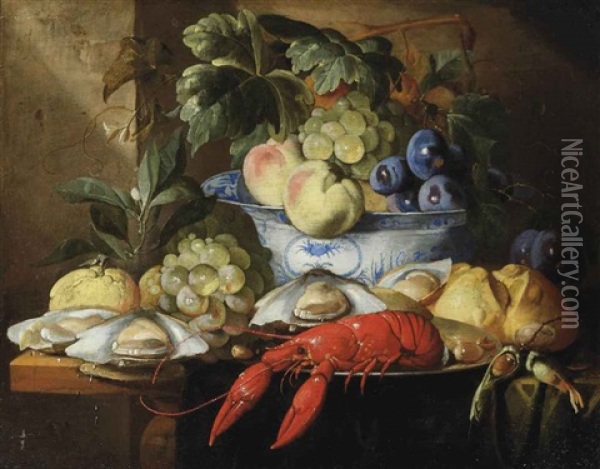 A Lobster On A Plate, A Bread Roll, Oysters, Grapes, A Lemon And A Porcelain Bowl With Various Fruits, All On A Partly Draped Table Oil Painting - Alexander Coosemans