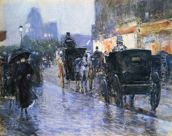Horse Drawn Cabs at Evening, New York Oil Painting - Frederick Childe Hassam