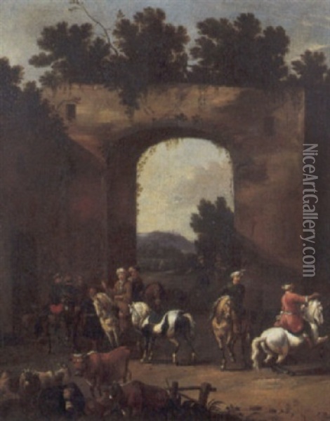Cavalieri E Astanti Turchi Presso Rovine Romane, Con Armenti In Primo Piano Oil Painting - Pieter van Bloemen