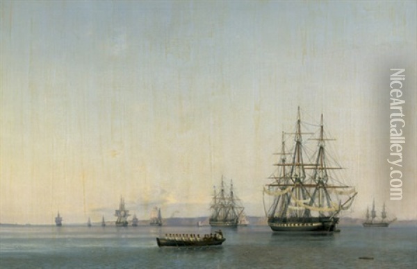 Russische Fregatten Auf Reede Vor Einer Kuste Oil Painting - Frederik Theodor Kloss