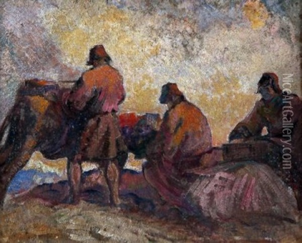 Andes Travellers Loading Pack Mules Oil Painting - Alfredo Helsby