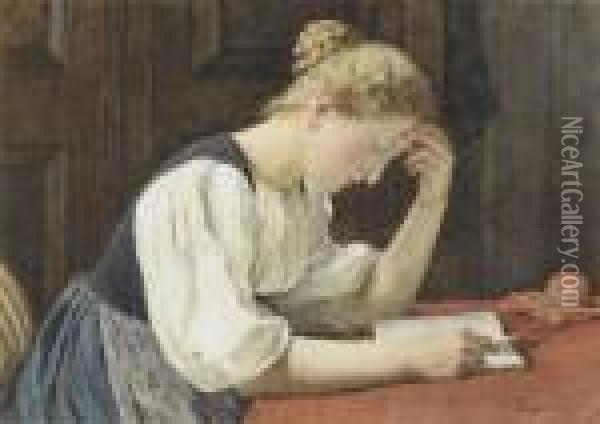Young Woman Reading At A Table Oil Painting - Albert Anker