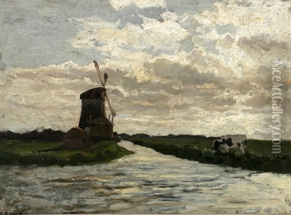 Hollandische Fluslandschaft Mit Windmuhle Und Weidender Kuh Oil Painting - Hermann Baisch