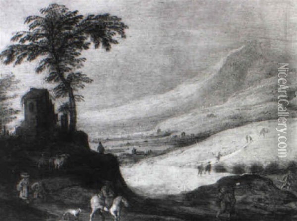 Travellers In An Extensive Landscape Oil Painting - Joos de Momper the Elder