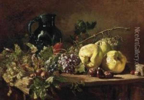 Fall Still Life With Grapes, 
Quinces And Chestnuts. Signed And Dated Above Right: Hugo Charlemont 
1896 Oil Painting - Hugo Charlemont