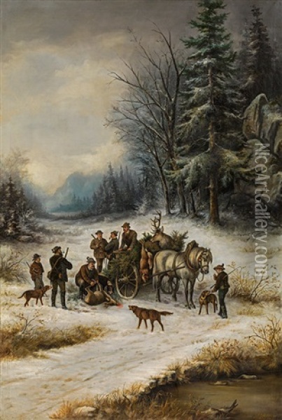 Jagdgesellschaft Im Winterwald Oil Painting - Johann Leonhard Hoffmann