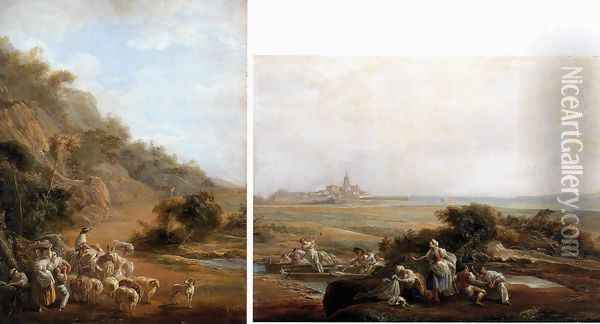 Village Scene and View of Fuenterrabia 1786 Oil Painting - Luis Paret Y Alcazar