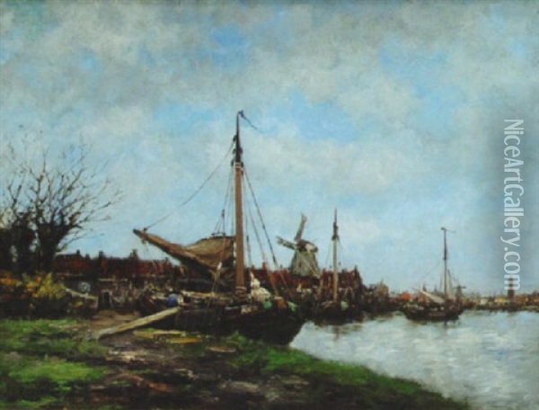 Merchant Ships On Dutch Canal Oil Painting - Hermanus Koekkoek the Younger