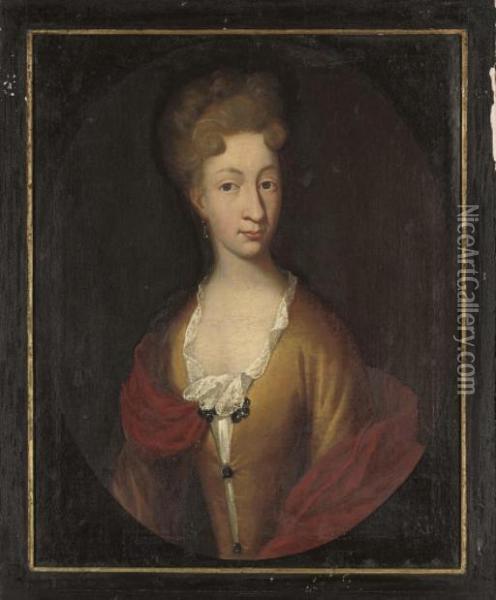 Portrait Of Margaret Catherine 
Rosenkrantz, Quarter-length, In A Yellow Dress With Lace Trim And A Red 
Wrap Oil Painting - Michael Dahl