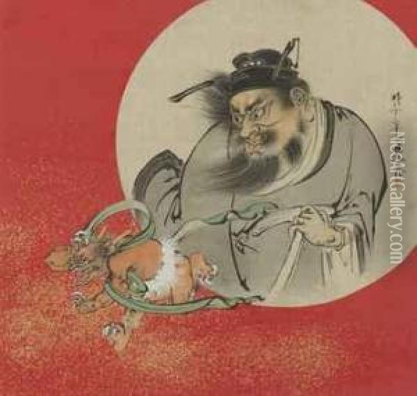 Shoki Exorcising A Demon Oil Painting - Shibata Zeshin