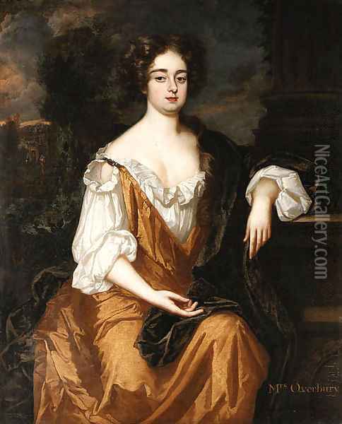 Portrait of Mrs. Overbury, seated three-quarter length, wearing a gold dress with a brown cloak, a landscape with a parkland beyond Oil Painting - Sir Godfrey Kneller