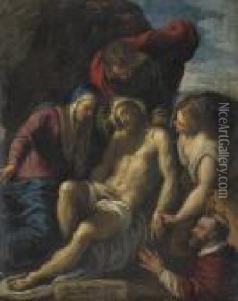 The Lamentation With A Donor Oil Painting - Acopo D'Antonio Negretti (see Palma Giovane)