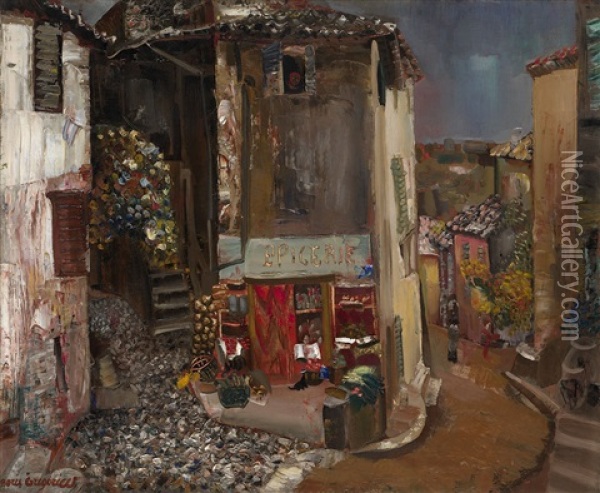 Epicerie Du Village Oil Painting - Boris Dmitrievich Grigoriev