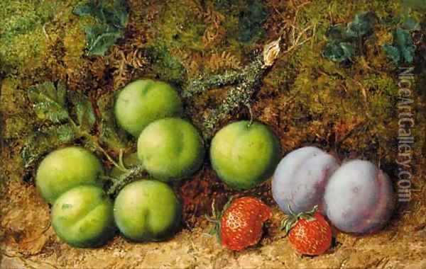 Plums and strawberries on mossy bank Oil Painting - George Clare
