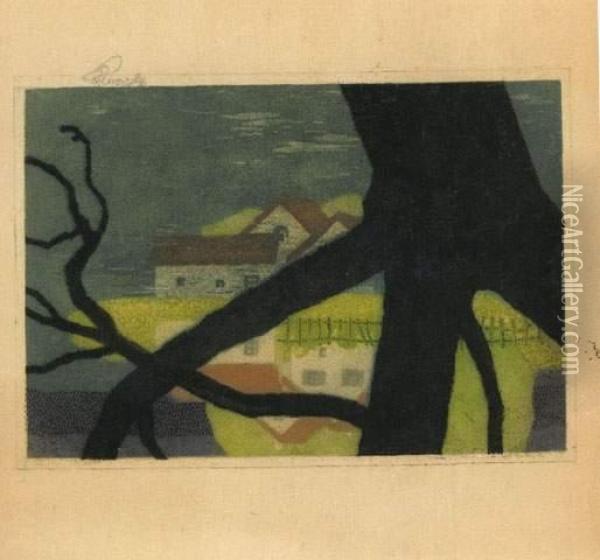 [village Sur La Riviere, Arbre Au Premier Plan]. Vers 1900. Oil Painting - Vojtech Adalbert Preissig