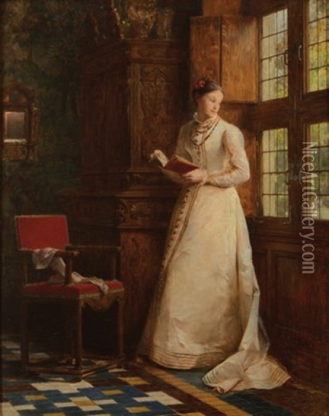 Femme Lisant Dans Un Interieur Gothique Oil Painting - Pierre Charles Comte