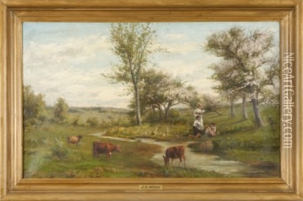 Pastoral Landscape With Cattle And Figures By The Stream Oil Painting - Jonathan Bradley Morse