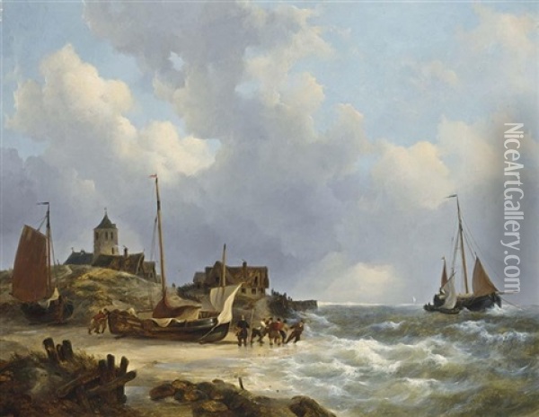 Fishermen On The Beach Near Egmond Oil Painting - Johannes Christiaan Schotel