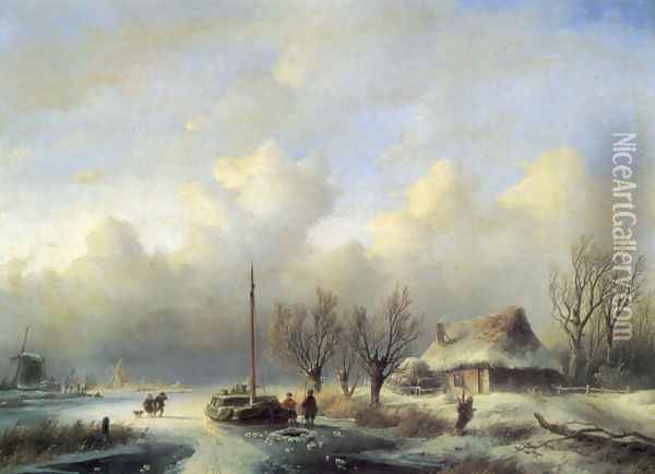 Figures in a winter landscape Oil Painting - Andreas Schelfhout