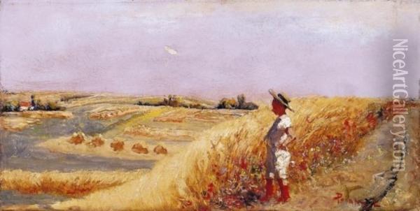 Straw - Hatted Boy In The Field Oil Painting - Laszlo Pataky Von Sospatak