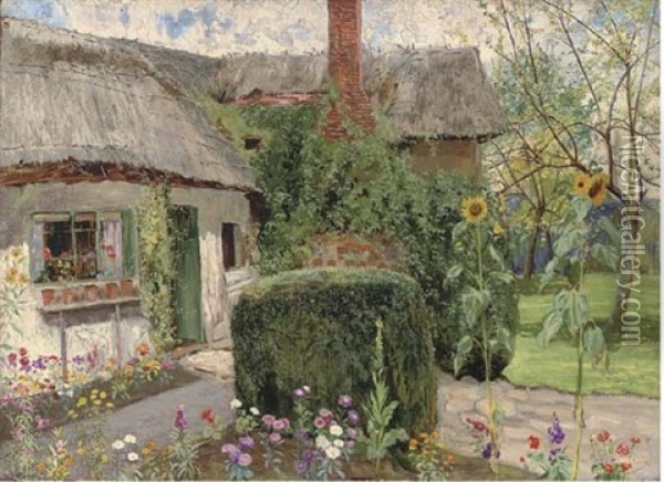 A Cottage Garden, Sutton Courtenay, Abingdon Oil Painting - John Sowerby