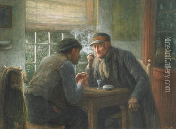 Old Friends Chatting At The Pub Oil Painting - Gerke Henkes