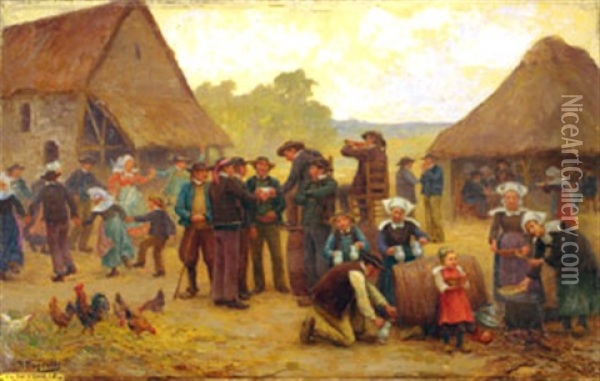 Fete Du Cidre En Bretagne Oil Painting - Theophile-Louis Deyrolle