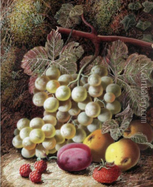 Still Life With Grapes, Apples, Plums, Strawberries And Rasberries Oil Painting - Oliver Clare
